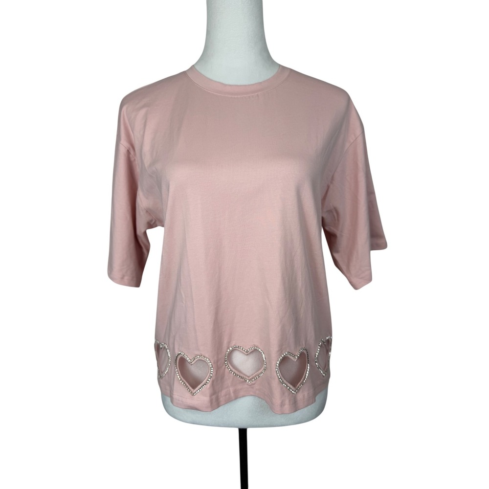 Pastel NWT Women Cotton Blouse S Pink Heart Rhinestone Cutout Short Sleeve Tee